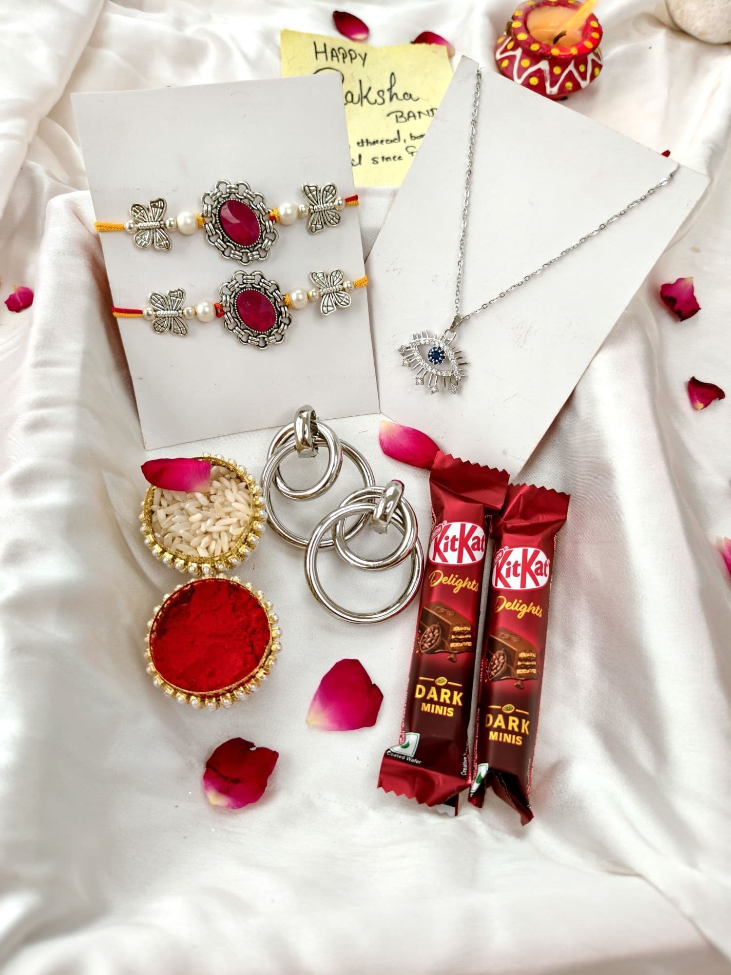 Premium Silver Rakhi, Red Stone & Handmade Chocolates Set
