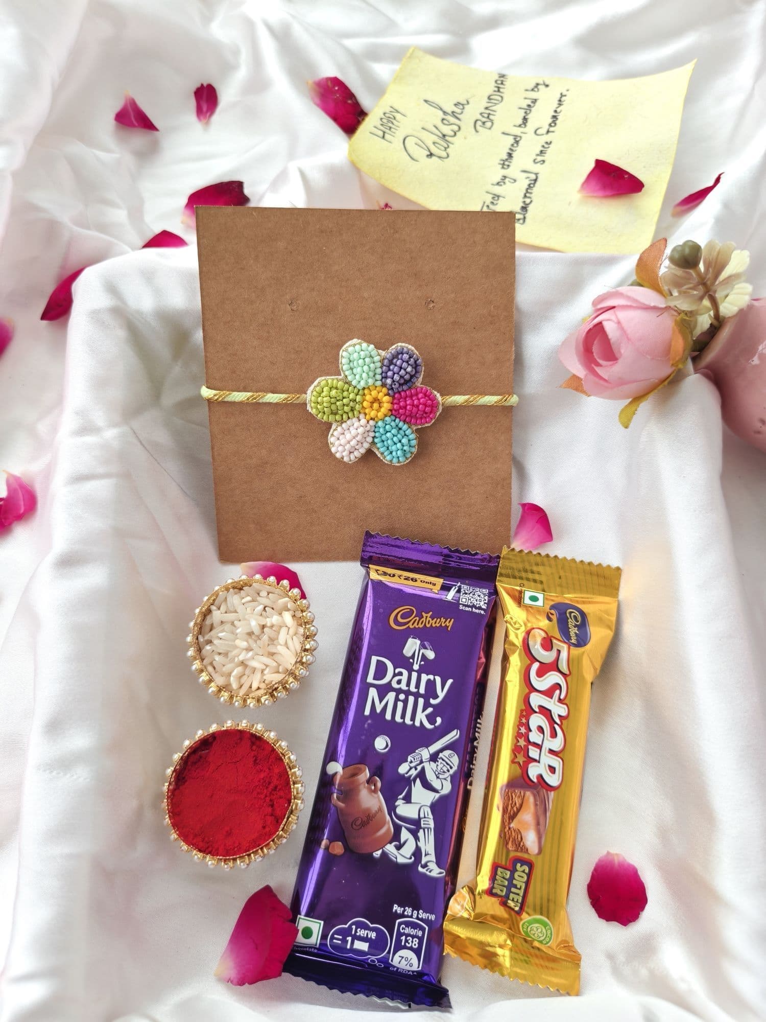 Cute Floral Gift Set: Handmade 2026 Rakhi with KitKat Chocolate for Brother