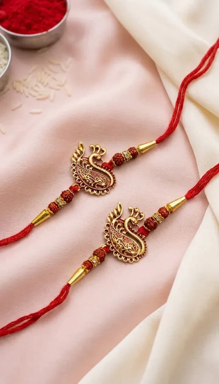 Golden Peacock Rakhi Set with Rudraksha Beads and Red Thread