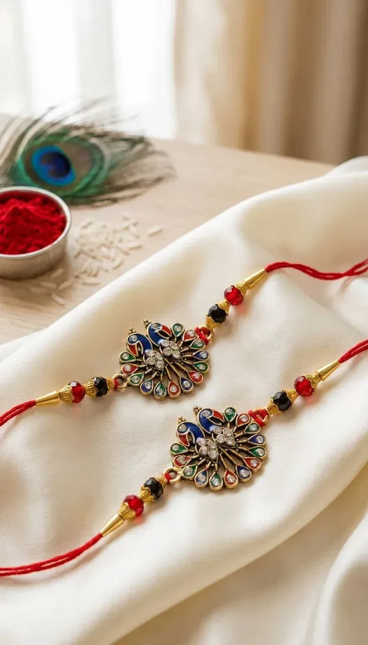 Designer Peacock Rakhi Set with Colorful Stone and Beads