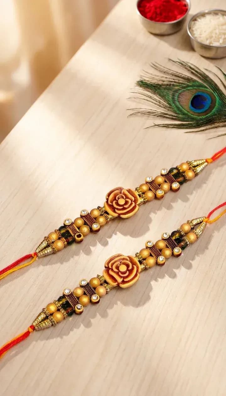 Designer Floral Wooden Beaded Rakhi Combo Set for Brothers – Pack of 2