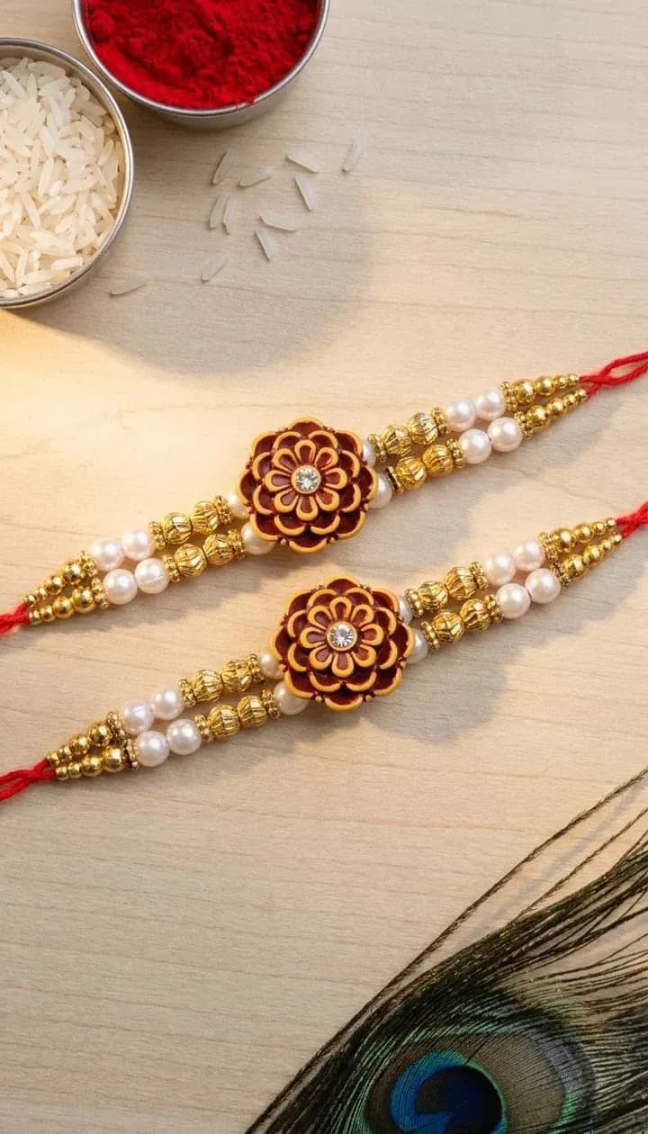Elegant Maroon Floral Pearl Rakhi Combo Set for Brothers – Pack of 2