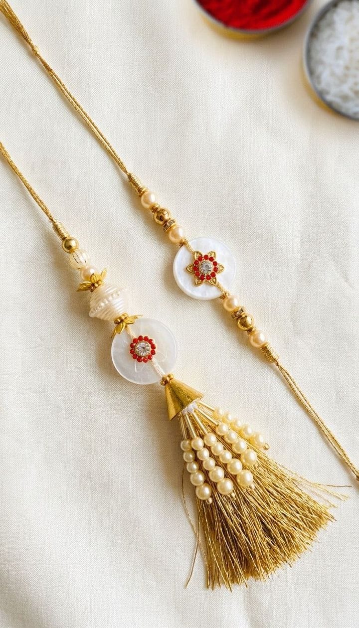 Elegant Floral Pearl Lumba Rakhi Set for Bhaiya Bhabhi