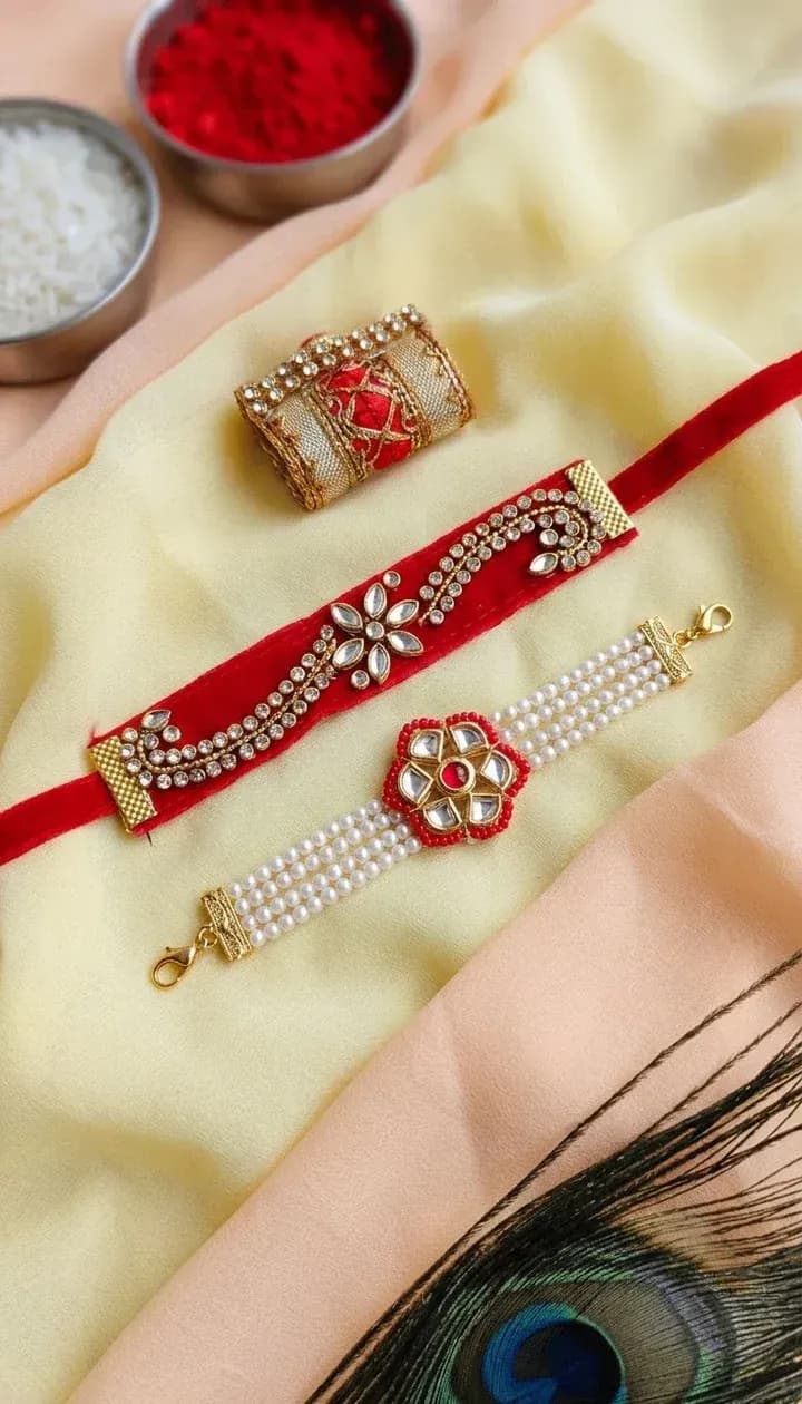 Royal Kundan Pearl Couple Rakhi Set for Bhaiya Bhabhi