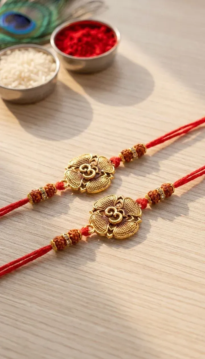 Om Floral Rakhi Set with Rudraksha Beads and Golden Design