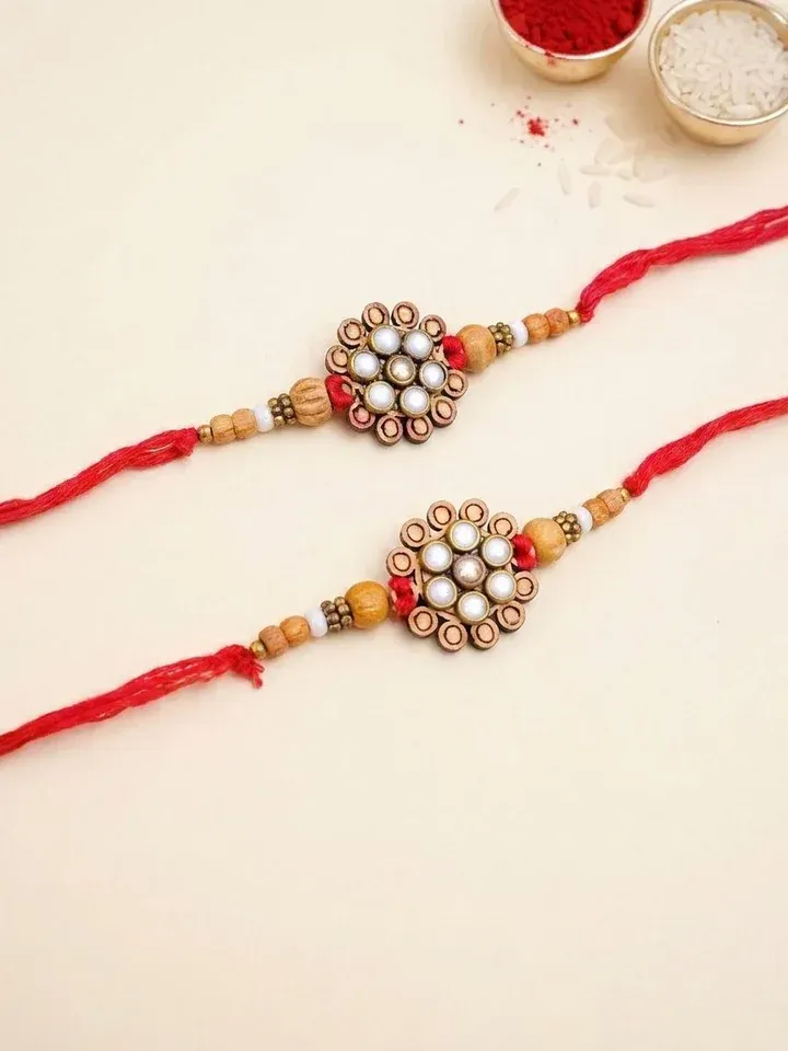 Traditional Floral Pearl Wooden Rakhi Combo Set for Brothers – Pack of 2