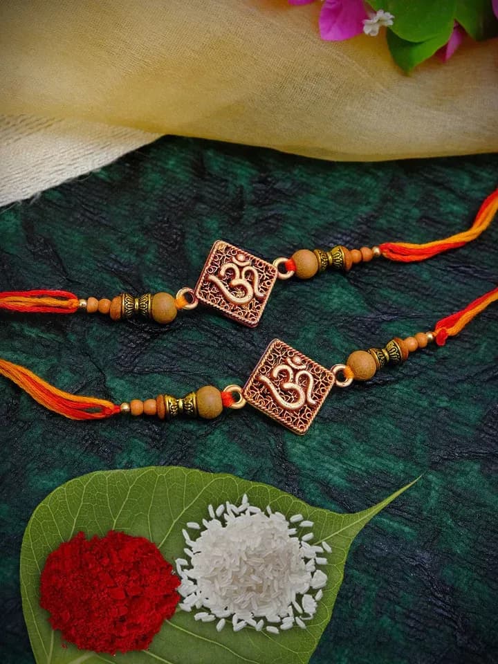 Om Wooden Beads Rakhi Set with Traditional Sacred Design