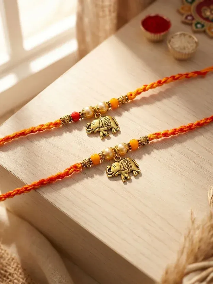 Elephant Charm Rakhi Set with Pearl Beads