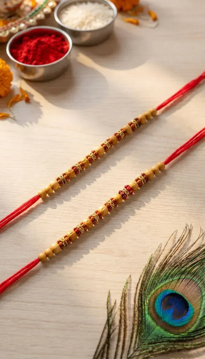 Traditional Sandalwood Beaded Rakhi Combo Set for Brothers – Pack of 2