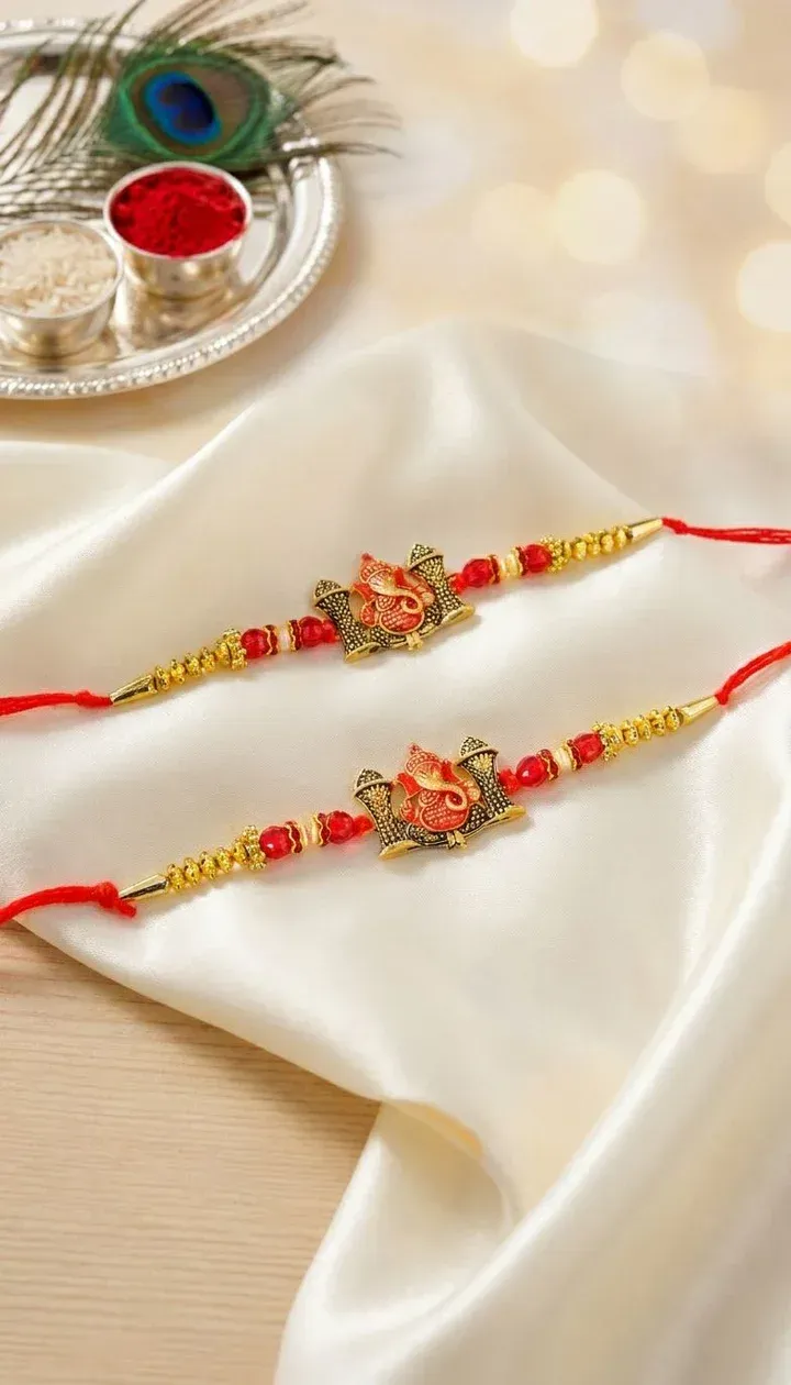 Lord Ganesha Rakhi Set with Red Crystal Beads and Golden Design