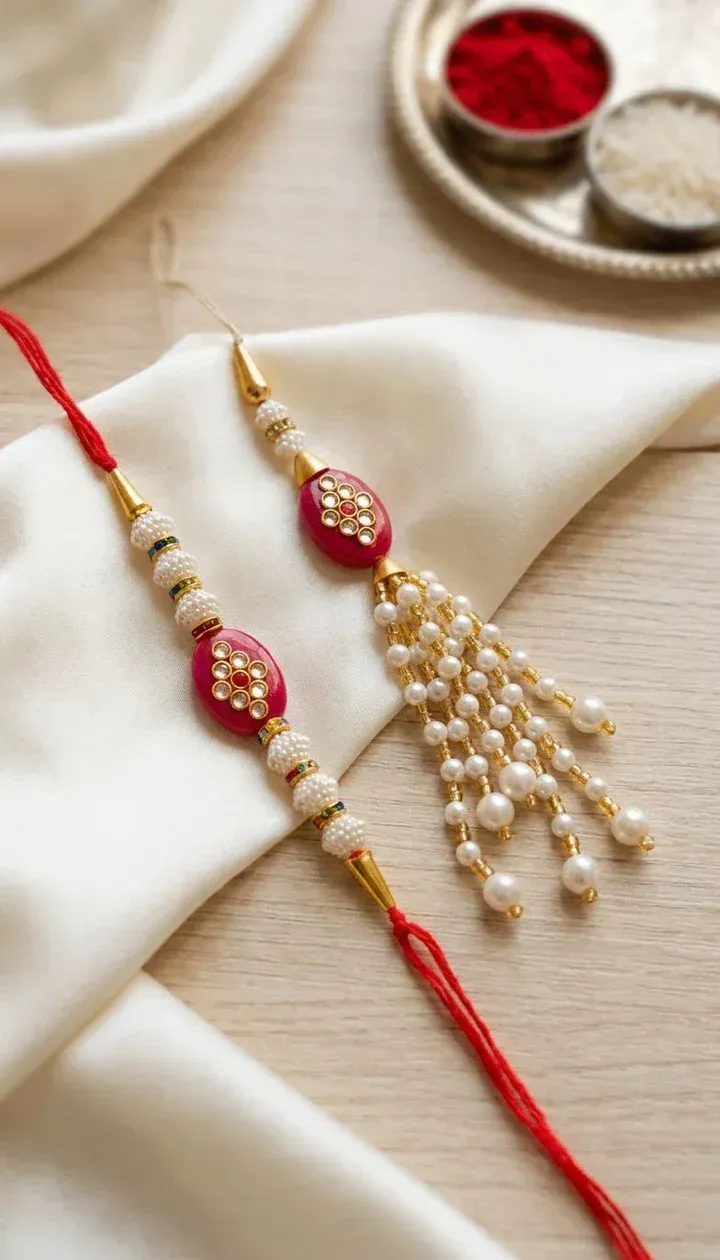 Elegant Red Kundan Pearl Lumba Rakhi Set for Bhaiya Bhabhi
