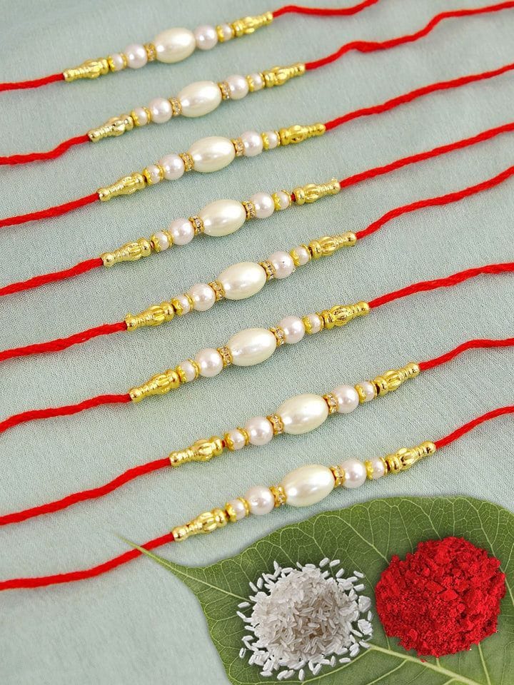 Elegant Pearl Beaded Rakhi Combo Set for Brothers (Pack of 8)