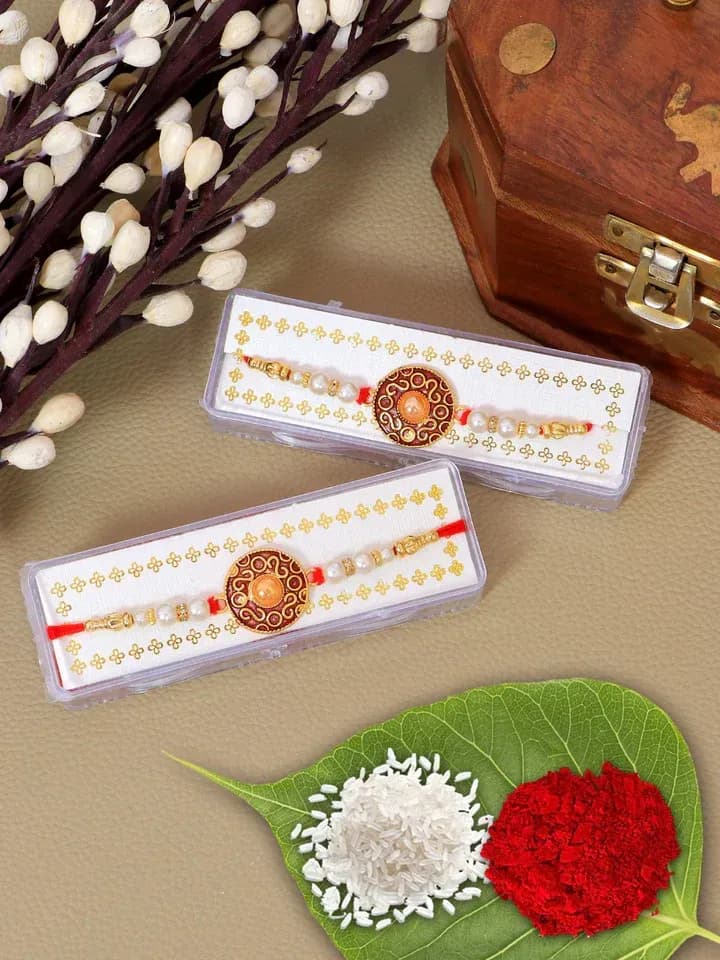 Traditional Pearl Designer Rakhi Combo Set with Golden Beads