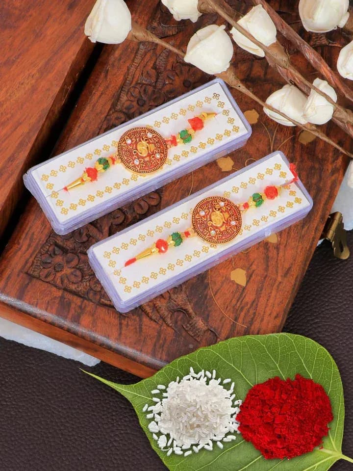 Lord Ganesha Rakhi Combo Set with Colorful Beads and Golden Design