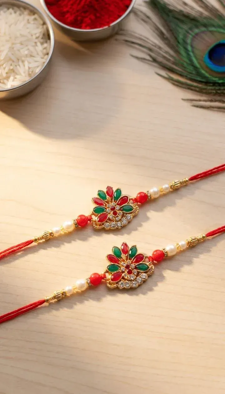 Elegant Multicolour Floral Kundan Rakhi Set for Brothers – Pack of 2