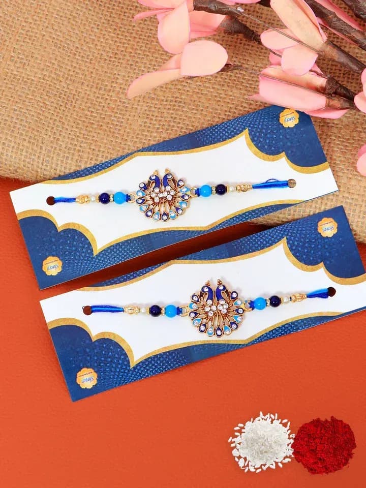 Royal Blue Peacock Kundan Rakhi Combo Set for Brothers – Pack of 2