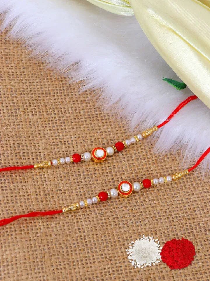 Elegant Red Pearl Kundan Rakhi Combo Set for Brothers