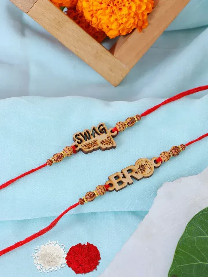 Bro Swag Wooden Rakhi Combo Set with Rudraksha Beads