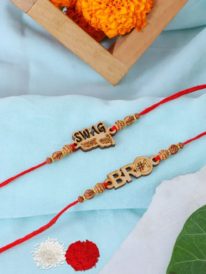 Bro Swag Wooden Rakhi Combo Set with Rudraksha Beads