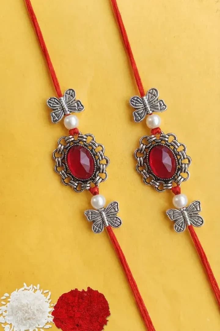 Oxidised Red Stone Butterfly Pearl Rakhi Set for Brother