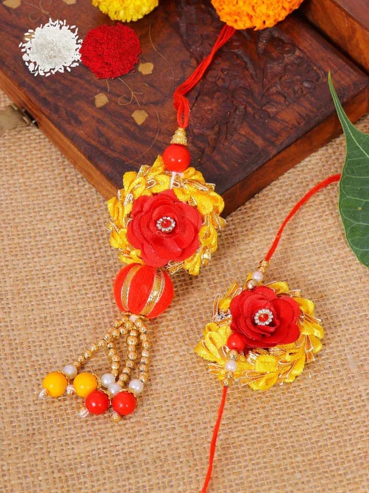 Designer Red Floral Lumba Rakhi Set for Bhaiya Bhabhi
