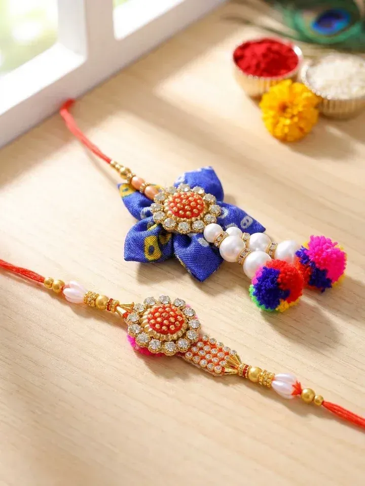 Designer Blue Floral Pearl Lumba Rakhi Set for Bhaiya Bhabhi