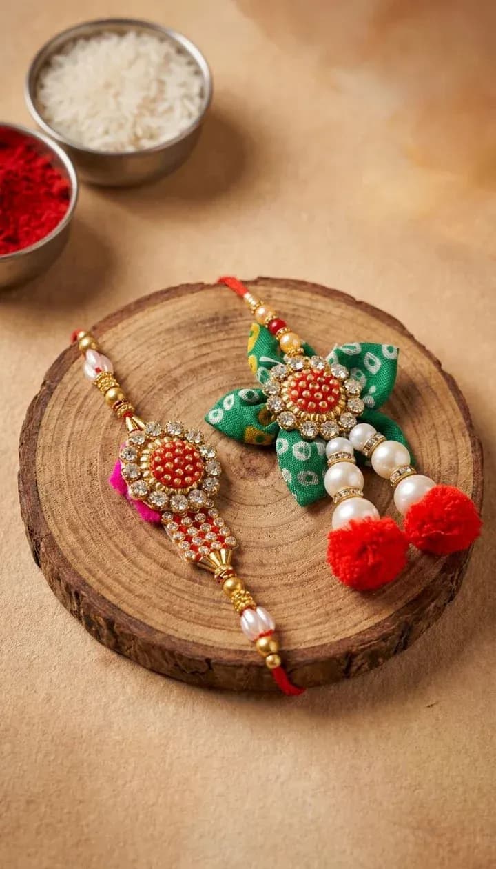 Designer Green Floral Pearl Lumba Rakhi Set for Bhaiya Bhabhi
