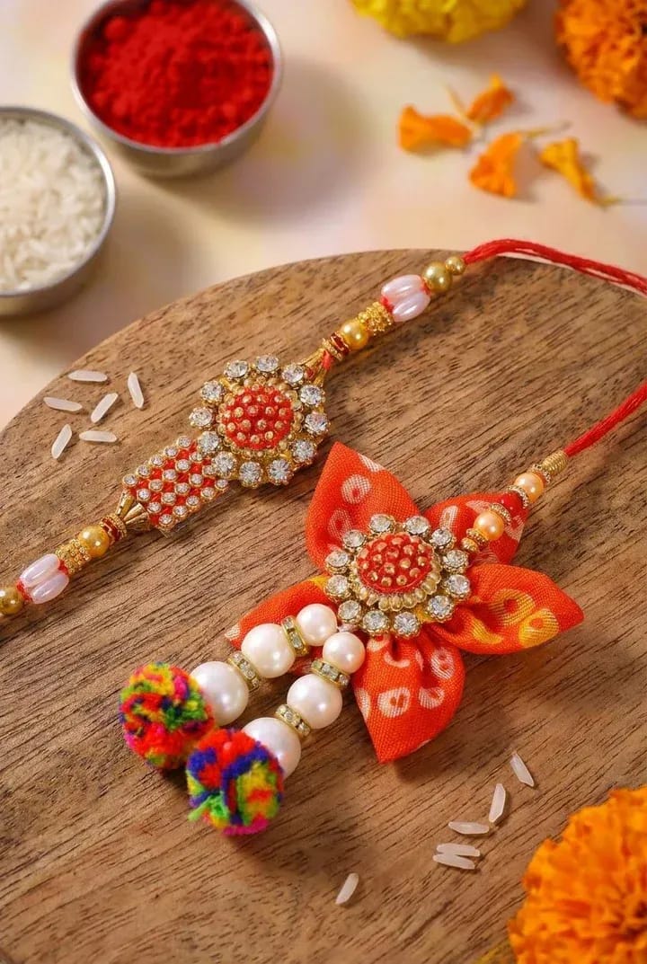 Designer Floral Pearl Lumba Rakhi Set for Bhaiya Bhabhi