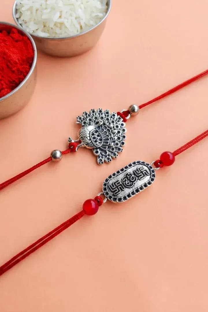 Oxidised Peacock and Shubh Labh Bhaiya Bhabhi Rakhi Set