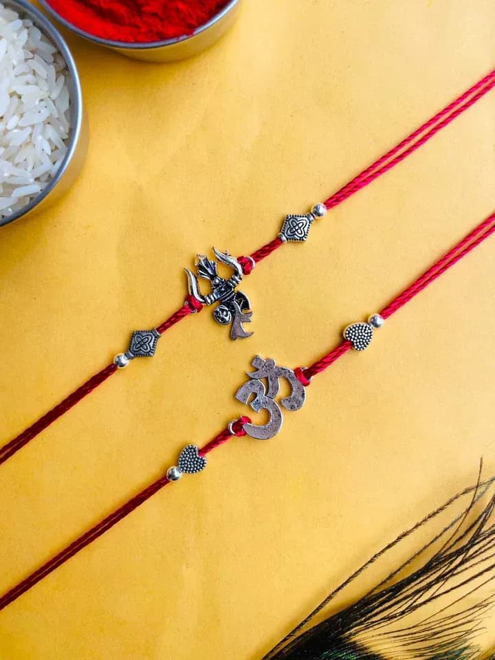 Oxidised Trishul and Om Rakhi Combo Set for Brothers – Pack of 2