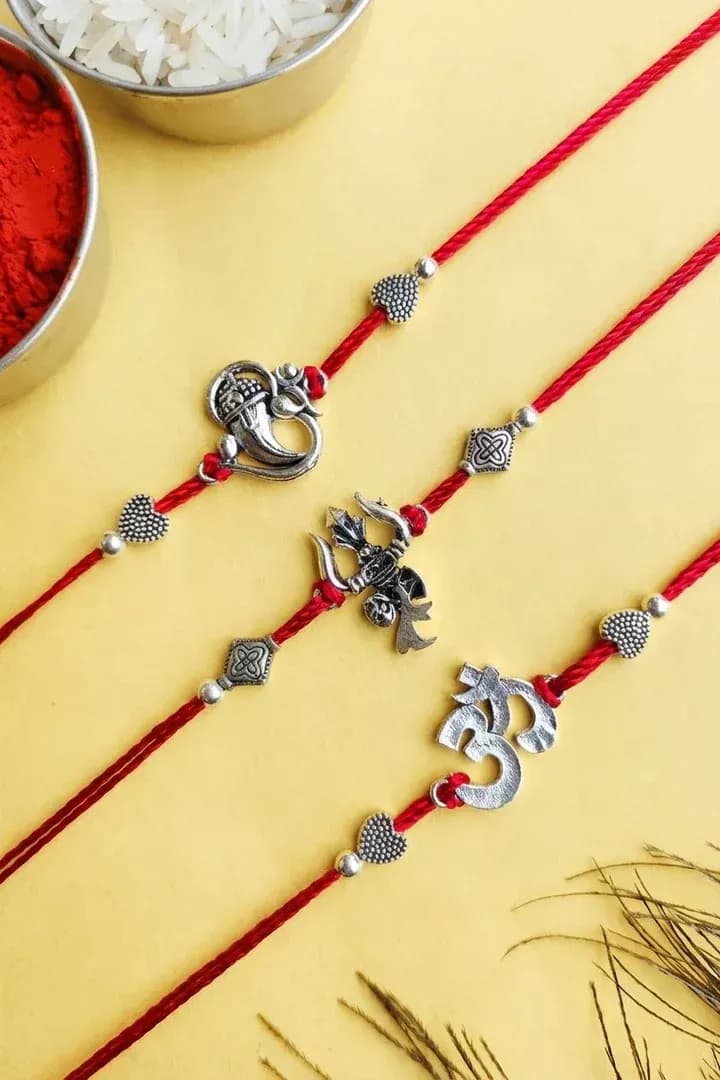 Oxidised Silver Om Ganesha Rakhi Combo Set with Red Thread