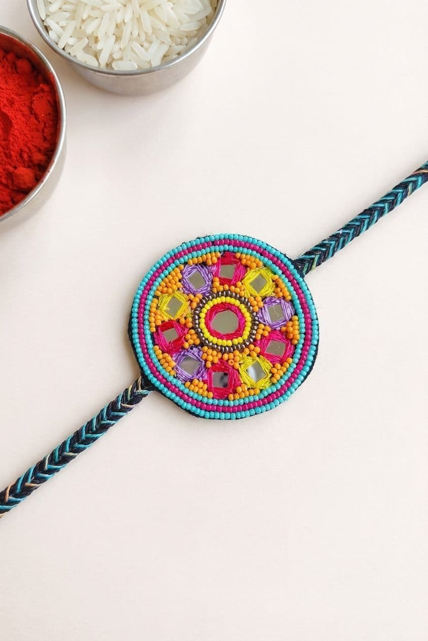 Colorful Handmade Beaded Rakhi with Mirror Work Design