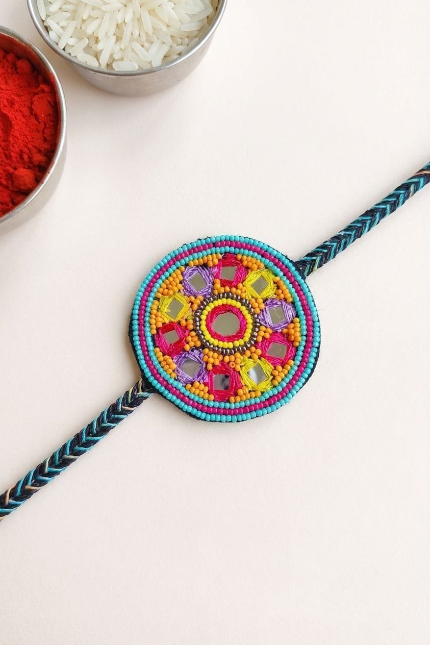 Colorful Handmade Beaded Rakhi with Mirror Work Design