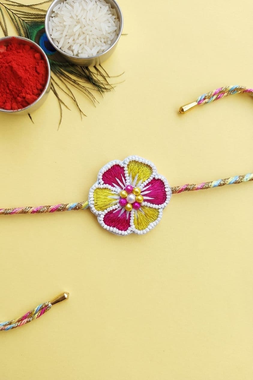 Handmade Floral Rakhi with Colorful Embroidery and Pearl Beads