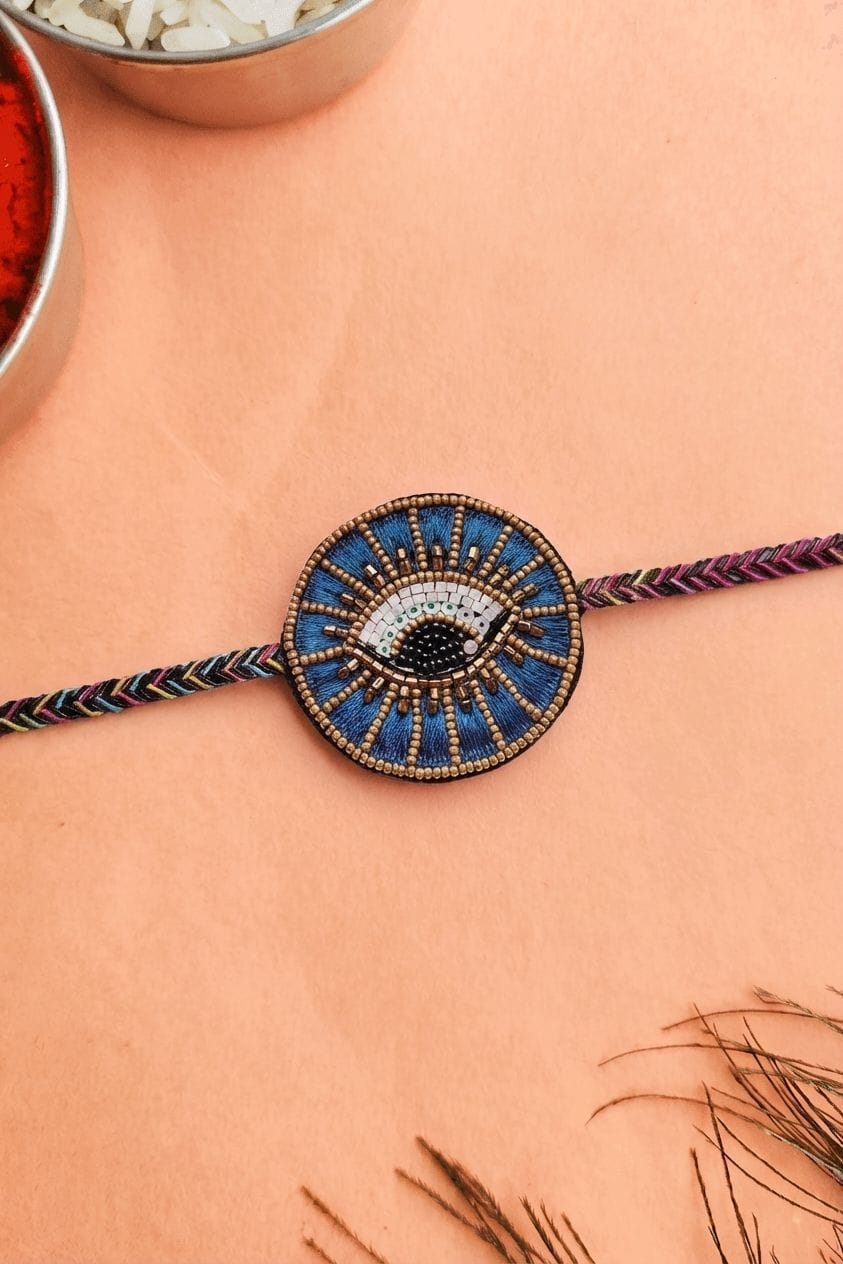 Blue Evil Eye Handmade Rakhi with Beaded Work Design