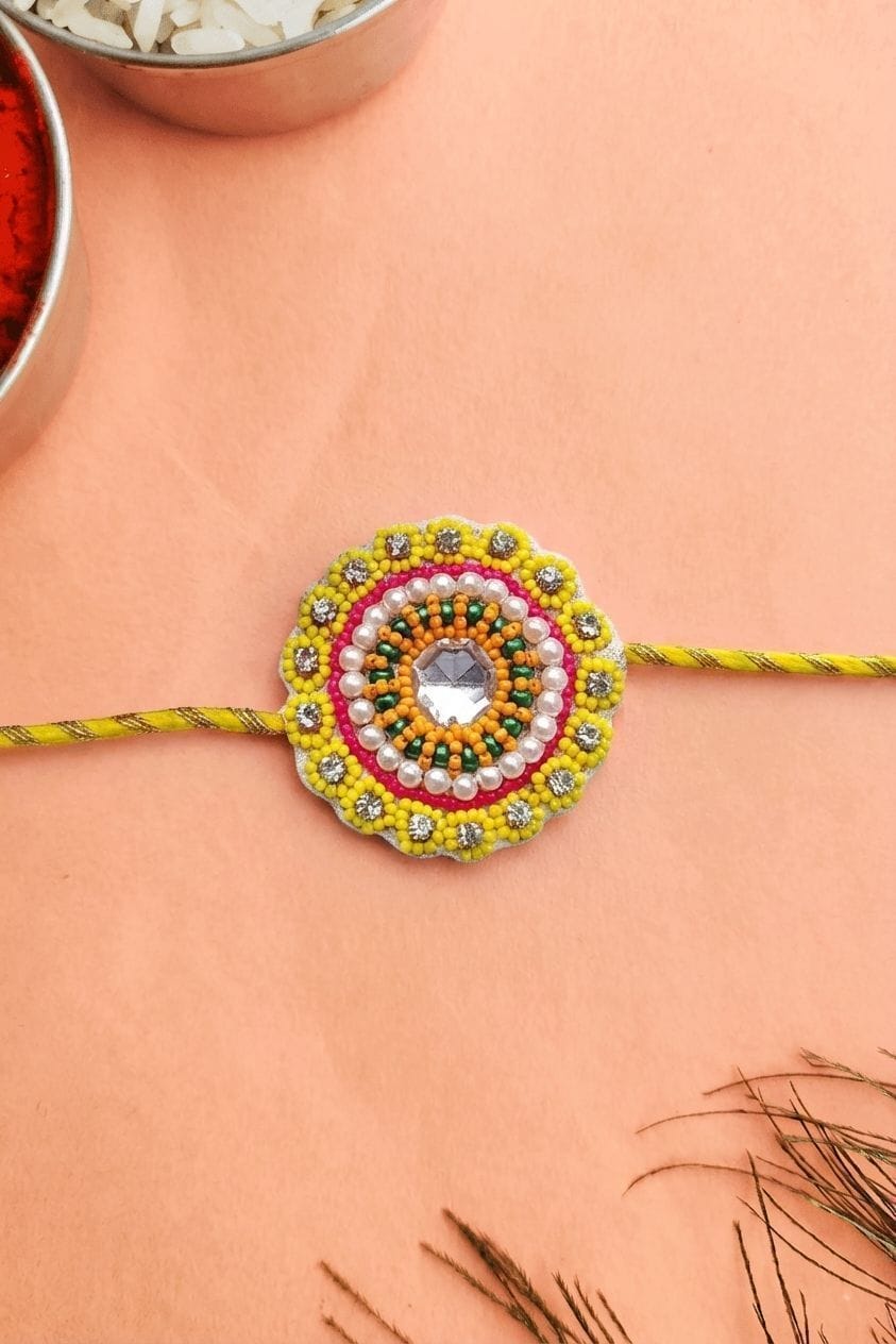 Handmade Yellow Mirror Work Rakhi for Brother