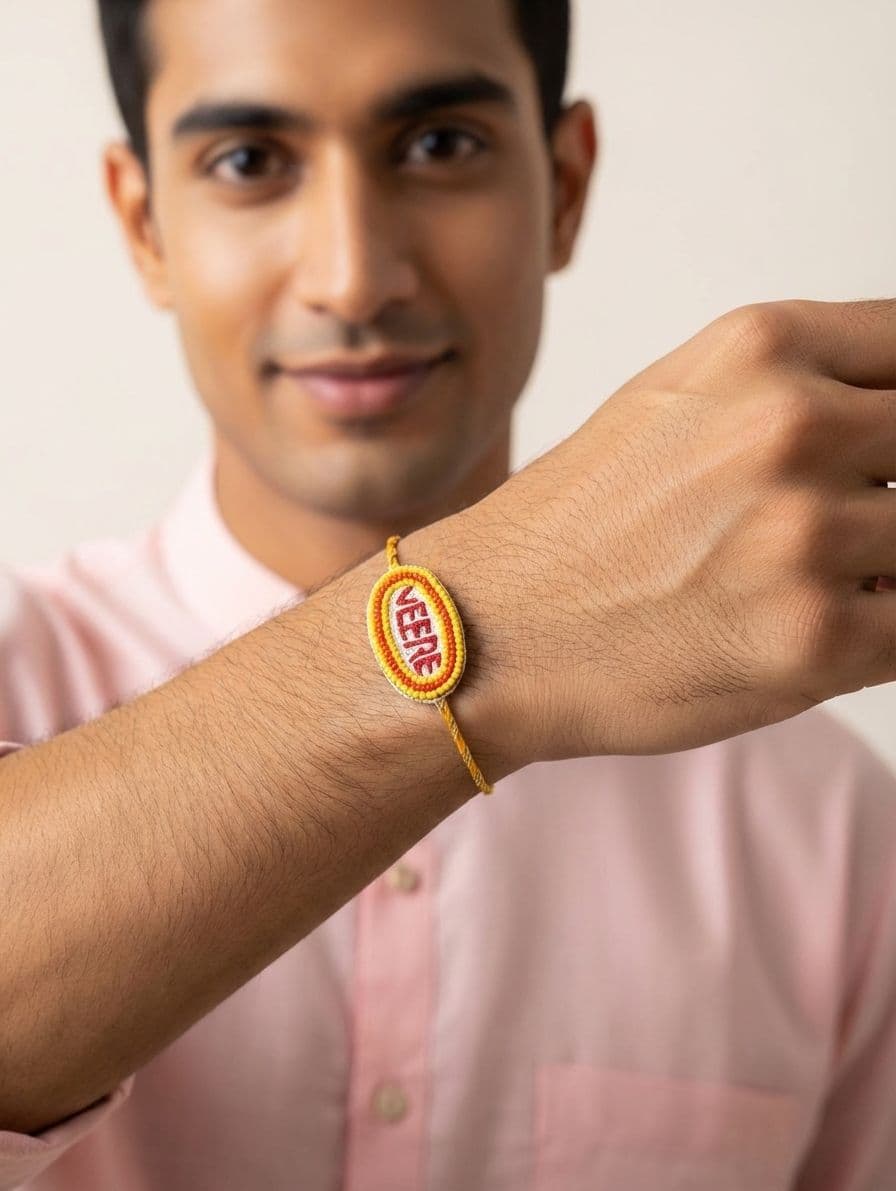 Handmade Veere Rakhi with Yellow and Red Bead Work