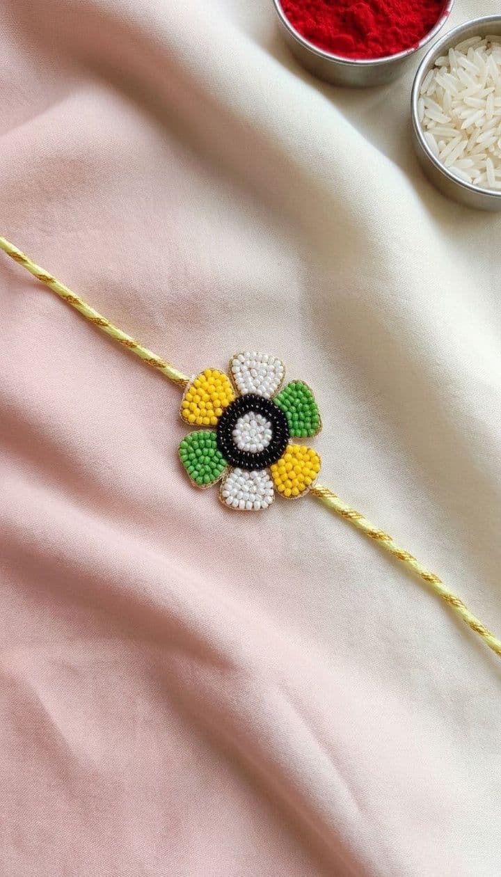 Handmade Floral Beaded Rakhi with Yellow Green Petal Design