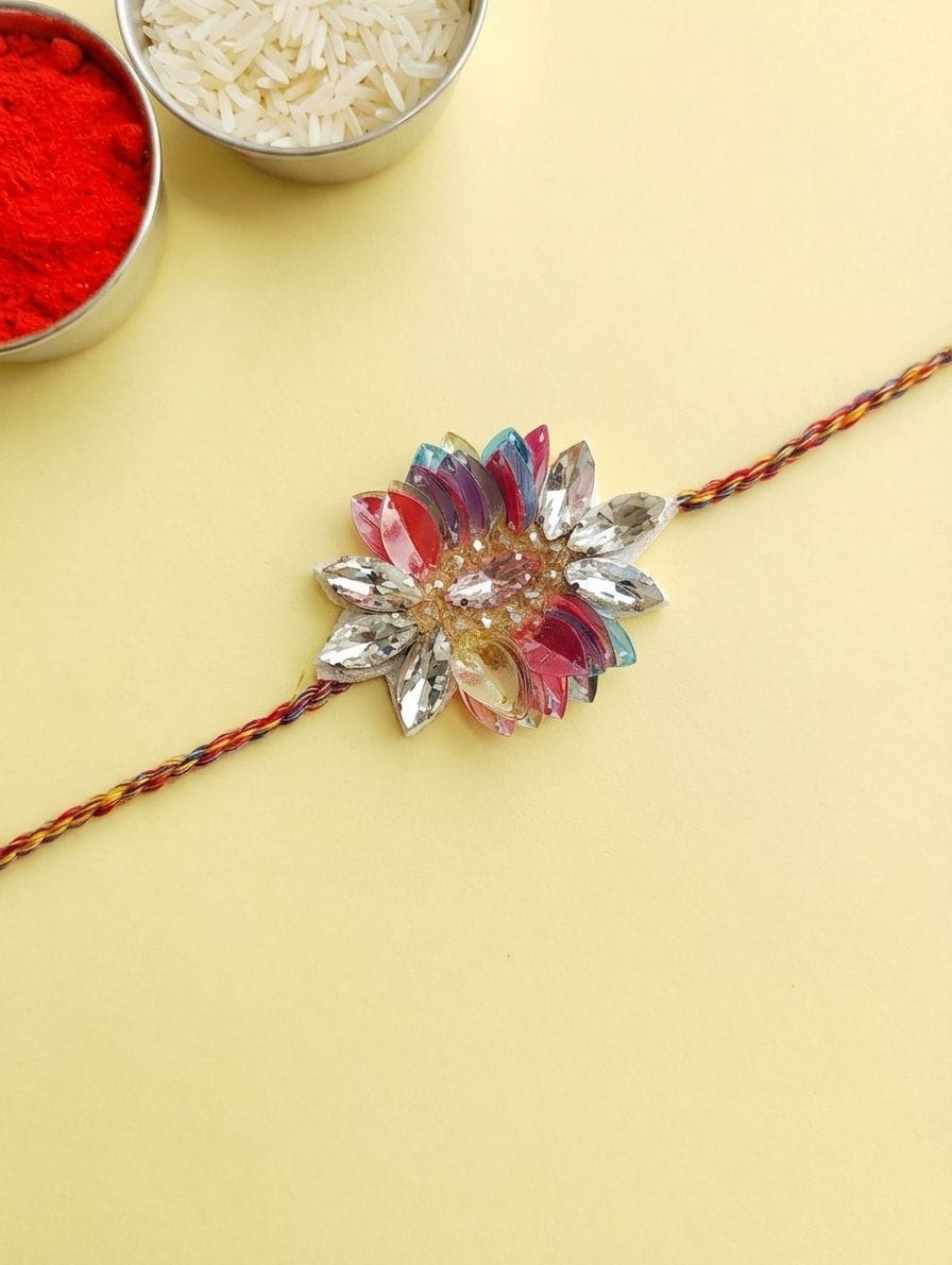 Premium Multicolor Crystal Flower Designer Rakhi for Brother