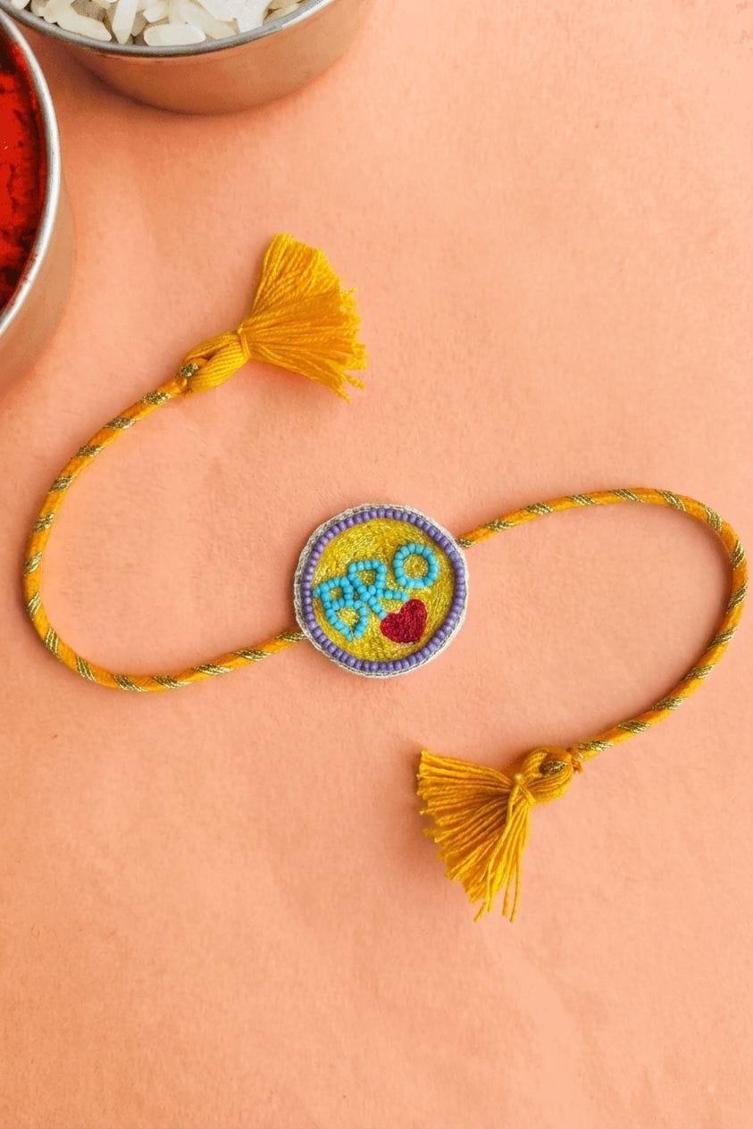 Bro Rakhi with Heart Handmade Beaded Embroidery Design