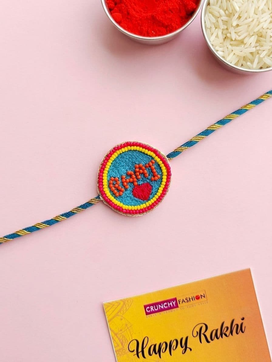 Bhai Rakhi with Heart Handmade Beaded Embroidery Design