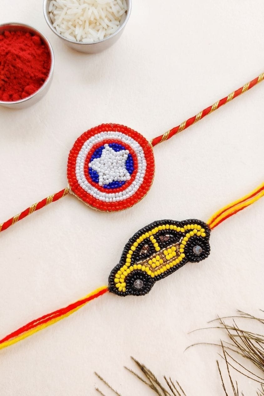 Kids Rakhi Combo Set with Car and Shield Beaded Design