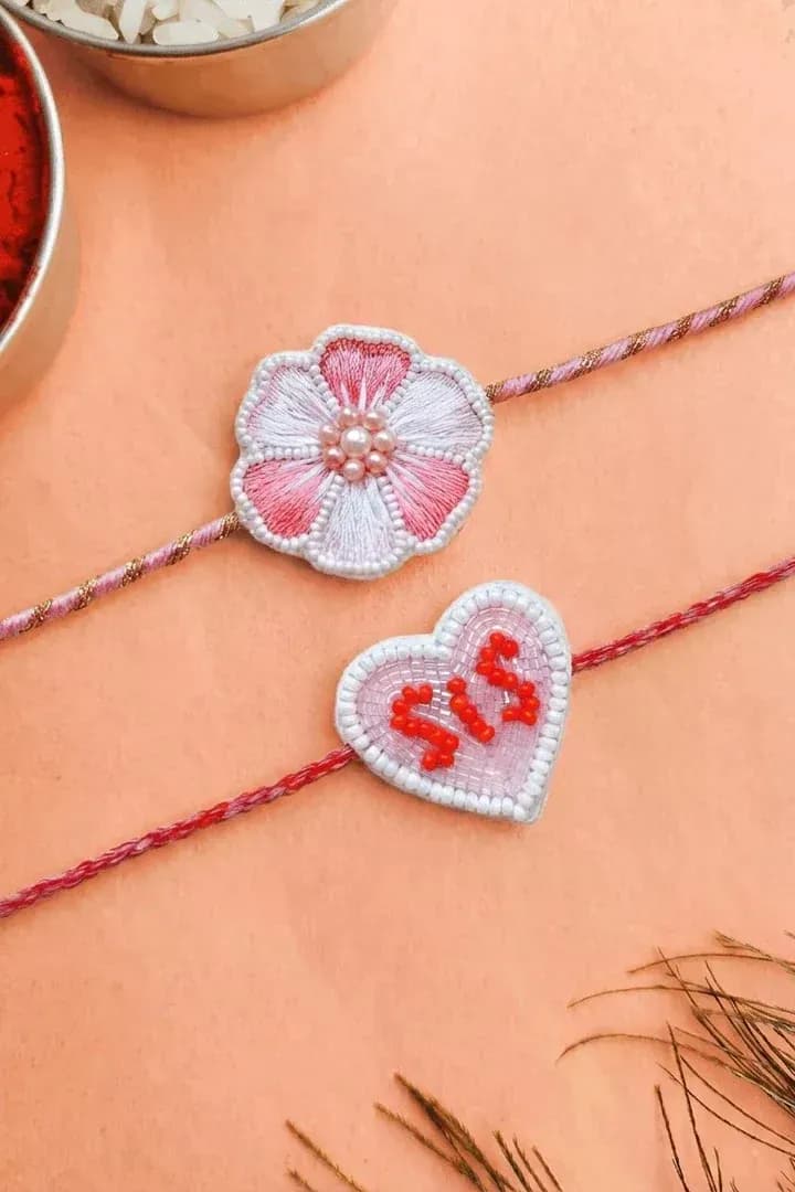 Handmade Floral and SIS Heart Rakhi Combo Set for Siblings