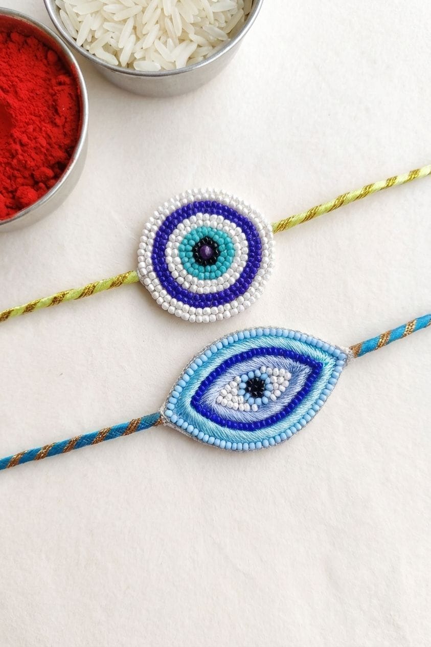 Evil Eye Couple Rakhi Set with Handmade Beaded Design