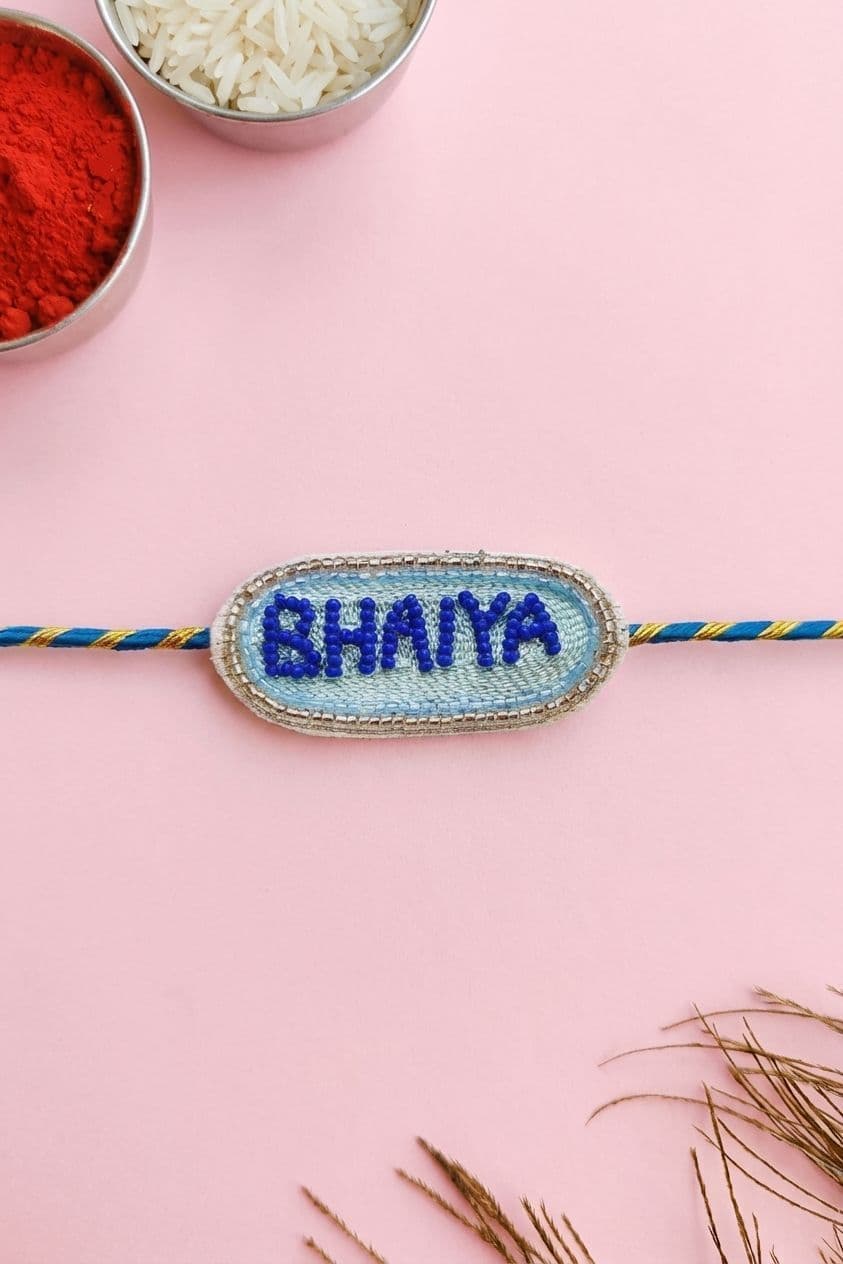 Personalized Bhaiya Rakhi with Blue Beaded Embroidery