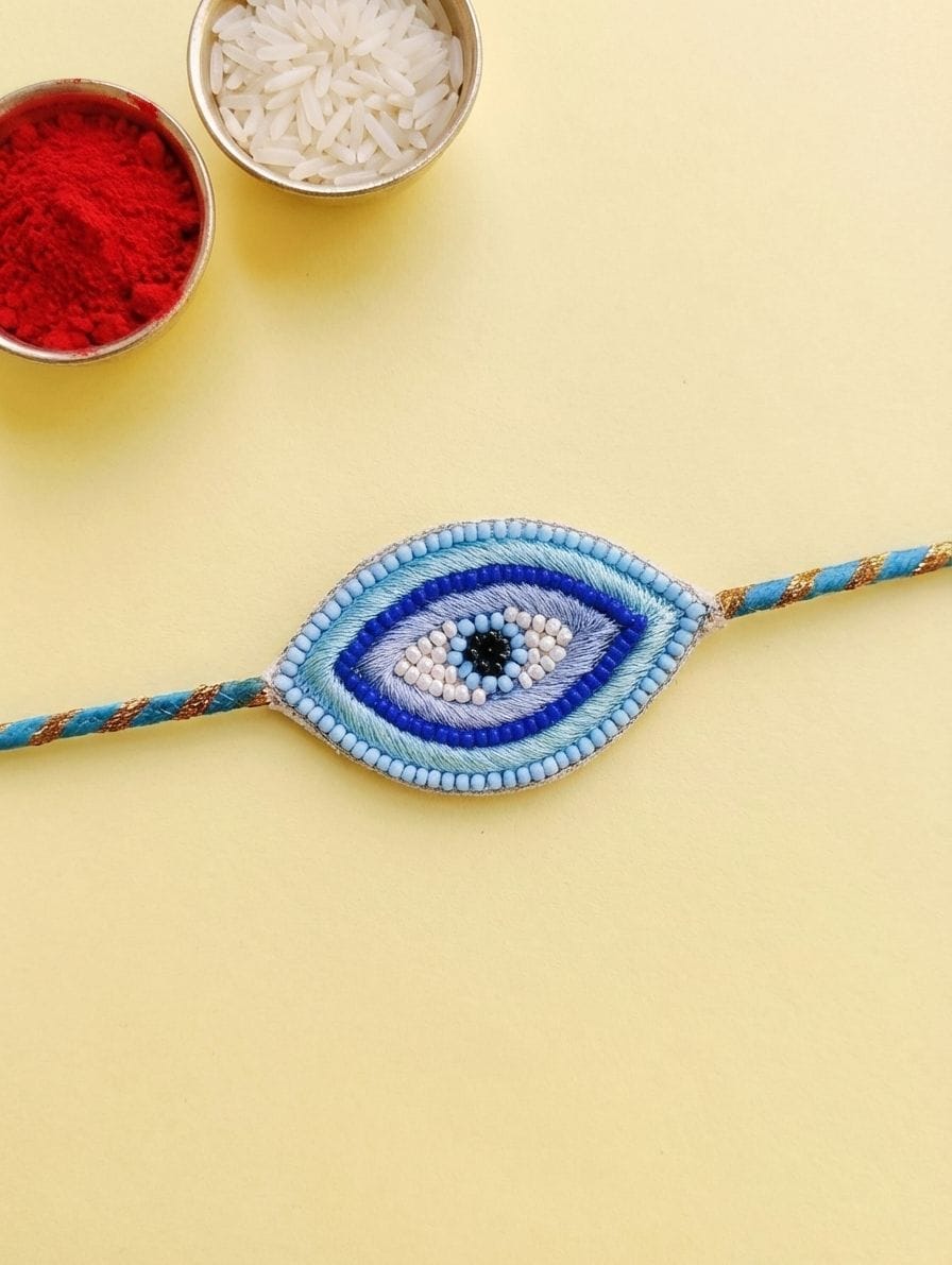 Blue Evil Eye Rakhi with Handmade Beaded Embroidery