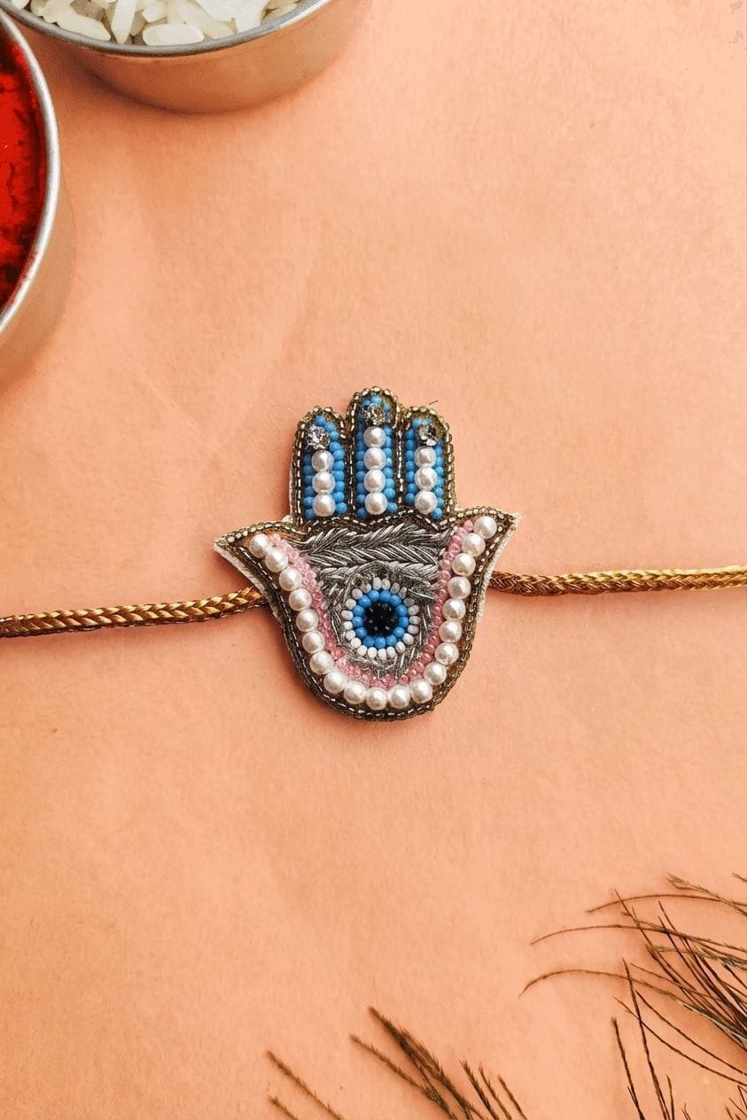 Evil Eye Hamsa Hand Rakhi with Handmade Beaded Design